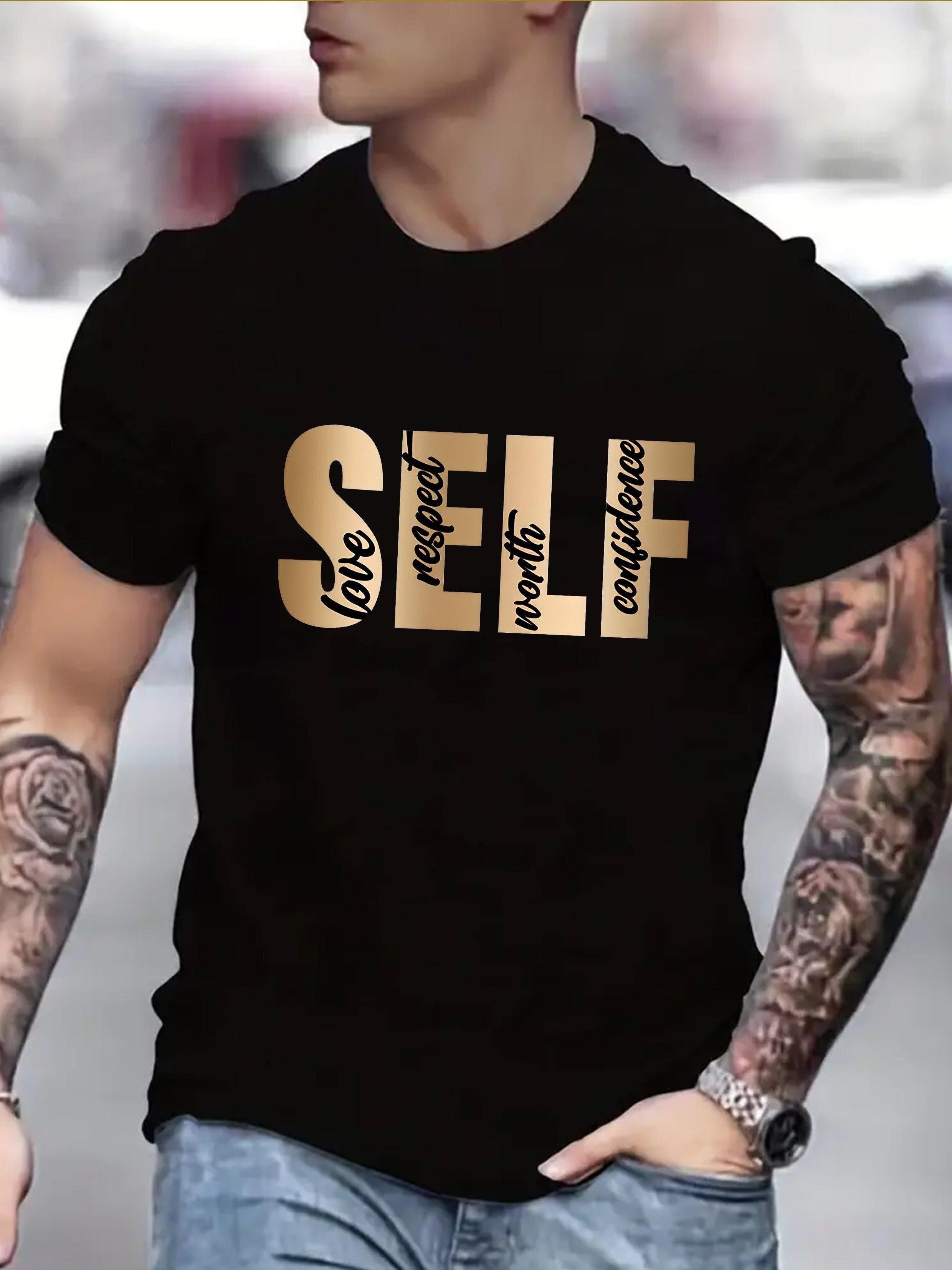 SELF Print, Men's Flat Design Round Neck Activity T-shirt, Summer Casual And Comfortable T-shirt, Men's Top Suitable For Daily Gym Exercise And Running