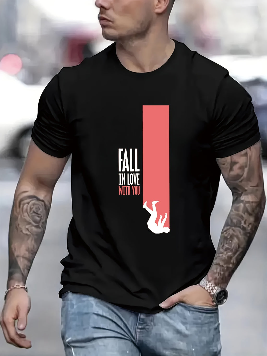 Men's T-shirt, FALL IN LOVE WITH YOU Printed Short Sleeved Round Neck T-shirt, Suitable For Summer, Casual Outdoor And Comfortable Men's Clothing