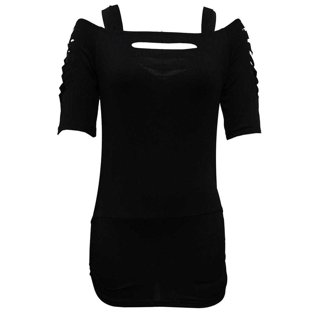 Ladies' Solid Color Lace Up Sleeve Shirt With Hollowed Out Square Collar Casual Shirt, Summer Rock T-shirt Top