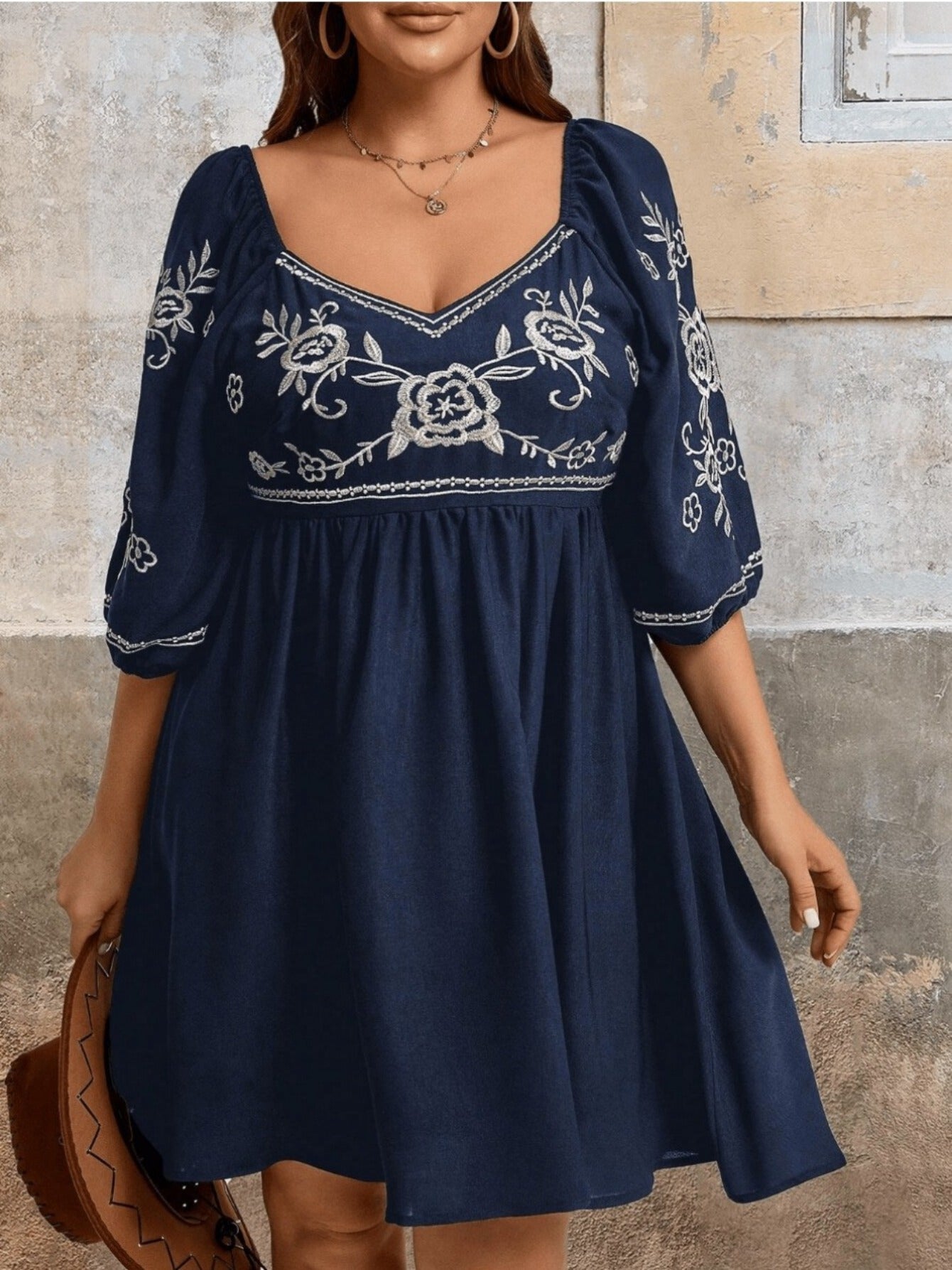 Women's Plus-size V-neck Embroidered Summer Casual Short Dress With Smocked Back Detailing