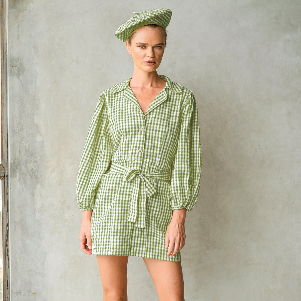 MEGHAN Mini Gingham Dress, in Olive Green