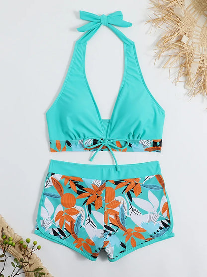Women Spliced Lace Up Sporty fit Bra and Shorts