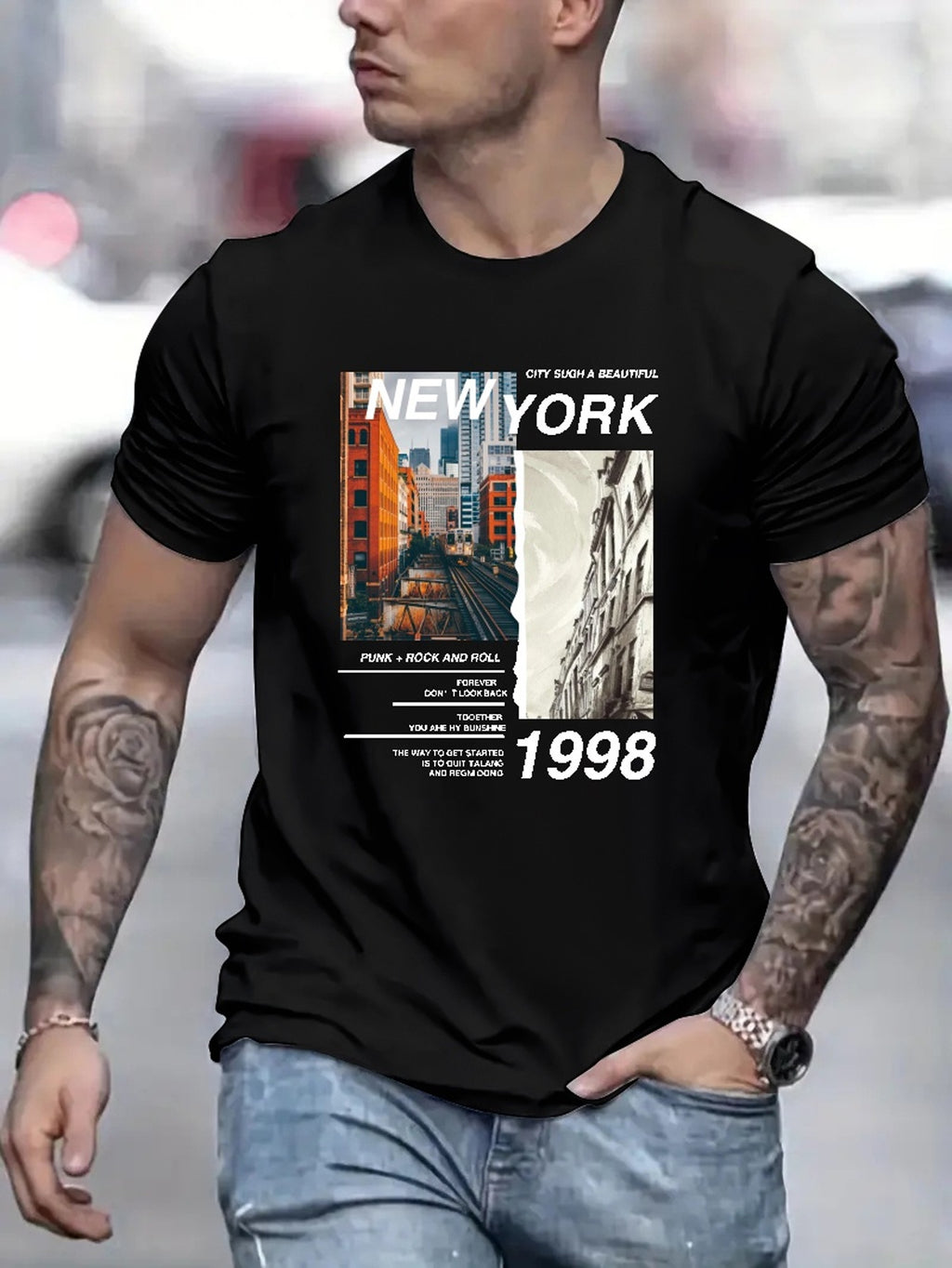 NEW YORK Printed Men's Short Sleeve T-shirt, Comfortable, Casual, Breathable Top, Suitable For Men's Fitness Training, Jogging, Outdoor Activities In Spring And Summer