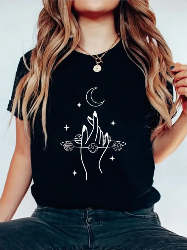 Short Sleeve Crew Neck Solid T-Shirt, Moon Graphic Print Women's Casual Top For Summer & Spring
