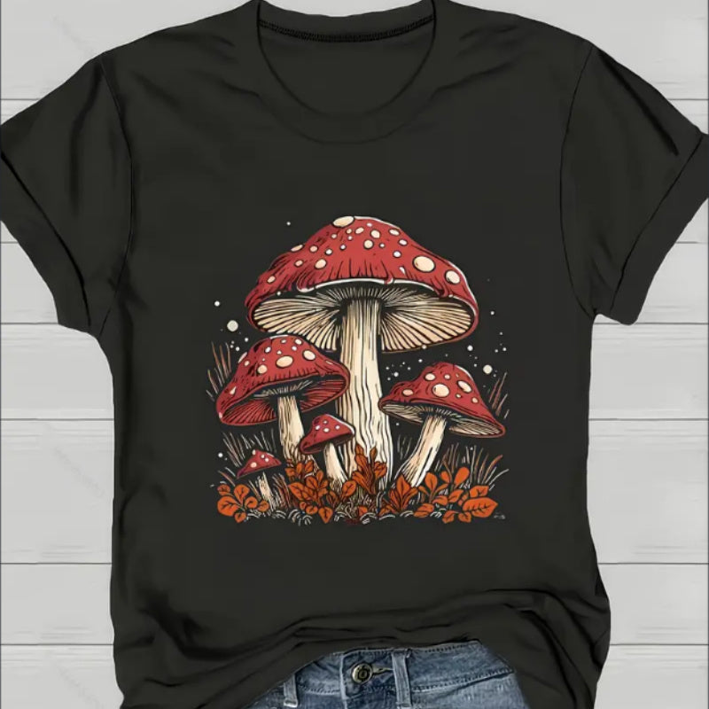 Short Sleeve Mushroom Print Crew Neck T-Shirt For Spring & Summer, Women's Casual Clothing