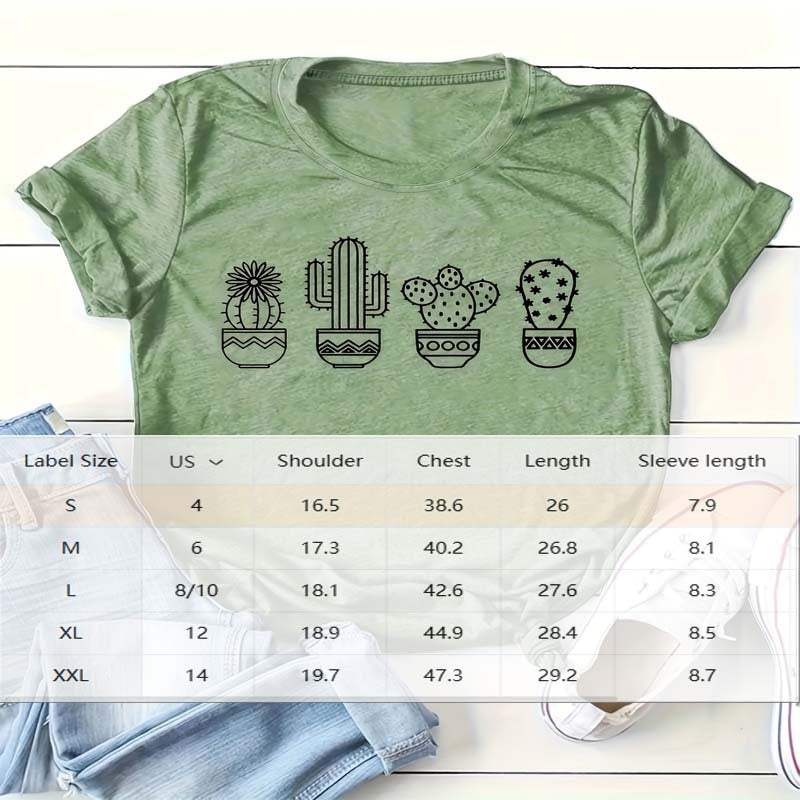Women'S Casual Crew Neck Short Sleeve T-Shirt With Cactus Potted Plant Summer Essential Top