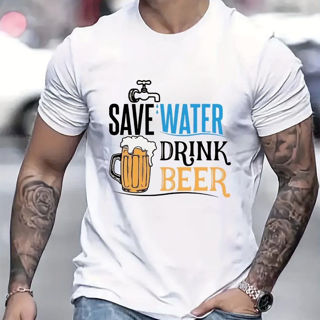 Cherish Water Resources And Drink More Beer. Men's Creative Printed Casual Novel T-shirt, Summer Spring Short Sleeved Top, Comfortable Fit, Fashionable Street Style Round Neck T-shirt, Suitable For Da