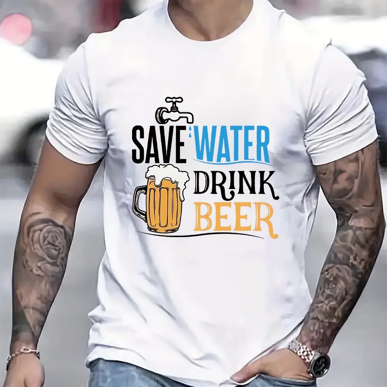 Cherish Water Resources And Drink More Beer. Men's Creative Printed Casual Novel T-shirt, Summer Spring Short Sleeved Top, Comfortable Fit, Fashionable Street Style Round Neck T-shirt, Suitable For Da