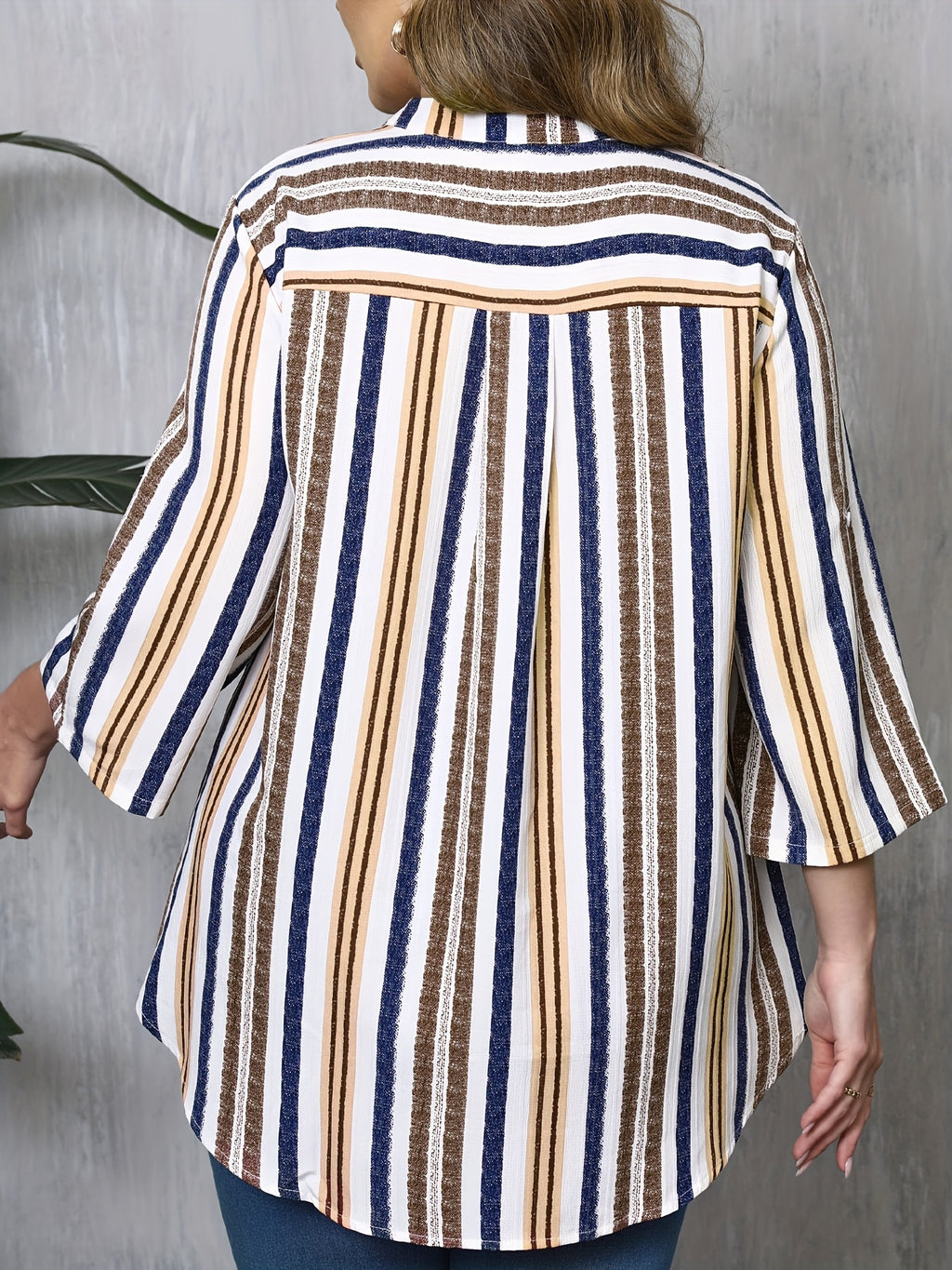 Women's Plus Size Striped Print Shirt - Spring Or Summer Daily Office Roll-Up Sleeve Button-Down Top