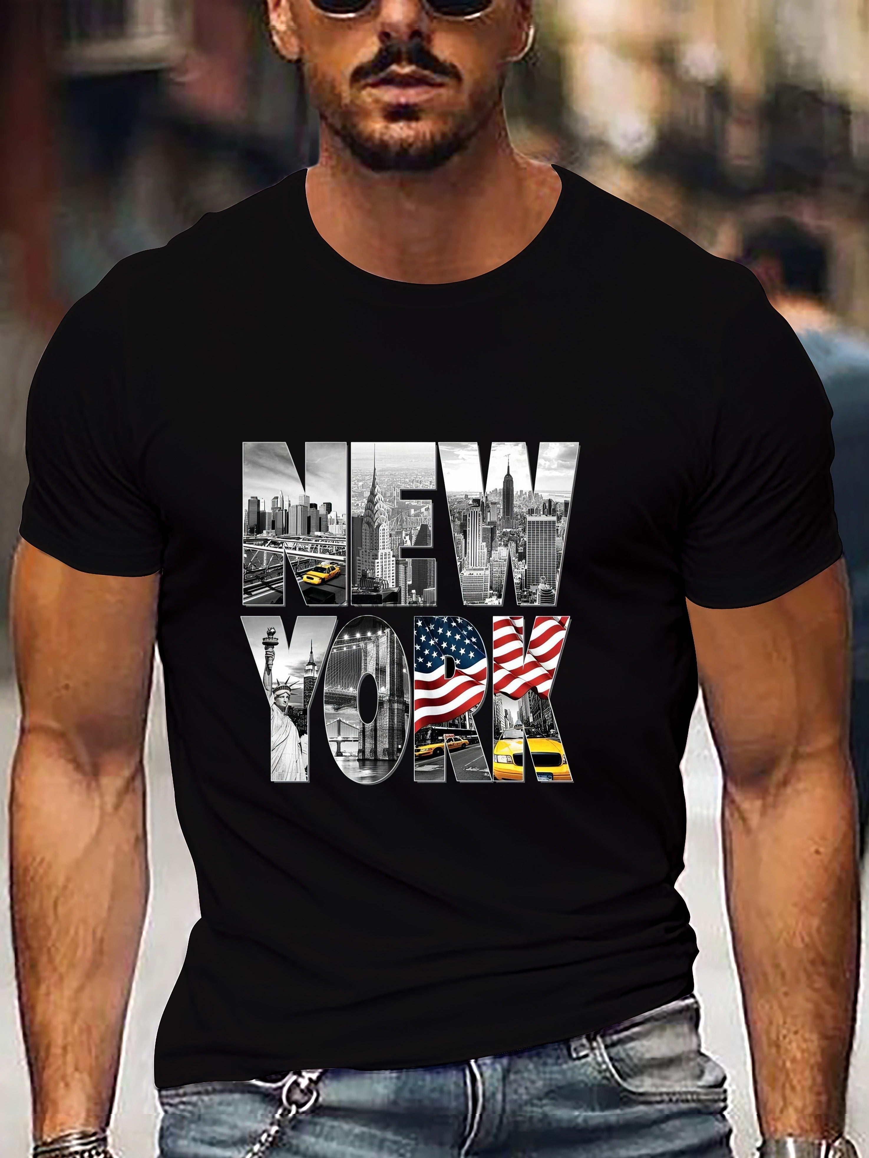 New York Creative Printed Summer Casual T-shirt Short Sleeved Men's Style, Sporty And Casual Style, Fashionable Round Neck Top, Suitable For Daily Wear