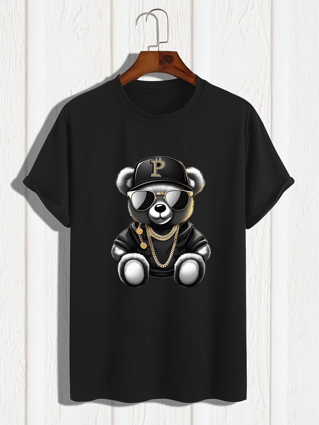 Men's T-shirt, Sunglasses Bear Print Short Sleeved Round Neck T-shirt, Summer Casual Outdoor Comfortable Clothing