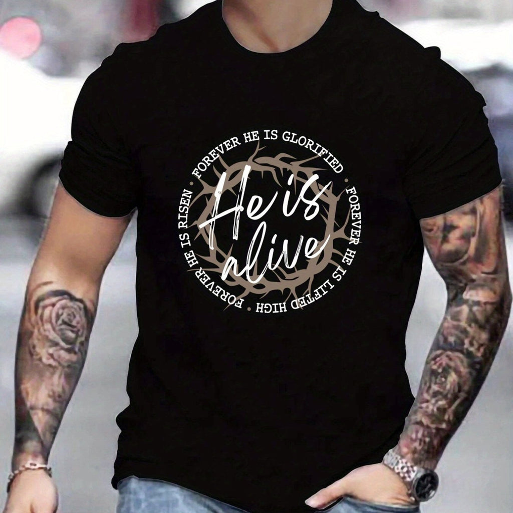 E Is Alive Round Neck Pattern T-shirt, Casual T-shirt, Short Sleeved Comfortable Top, Men's Summer Clothing