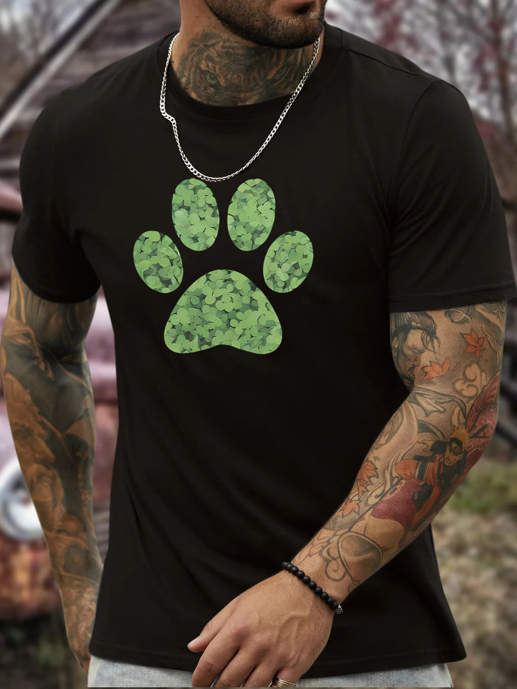 Men's T-shirt, Summer Clover Pet Paw Print Short Sleeved Round Neck T-shirt, Men's Casual Outdoor Comfortable Clothing