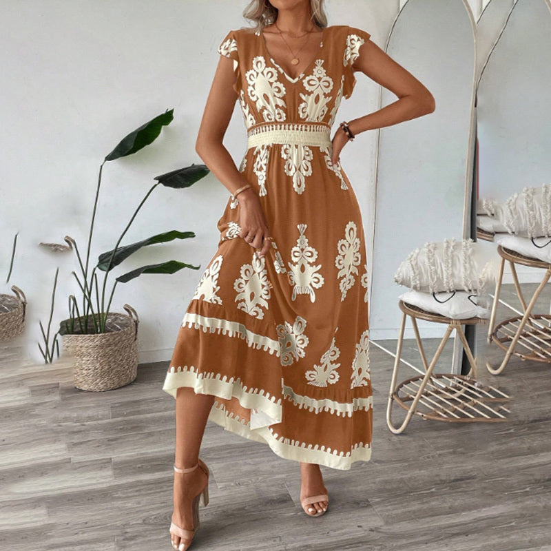 Women's Summer Flowy Maxi Dress Casual Cap Sleeve V Neck Smocked Waist Beach Sundress