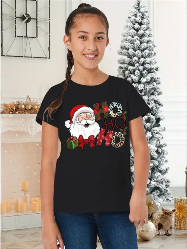 Girls' Festive Christmas Santa & Letter Print Casual Tee - Crew Neck, Short Sleeve, Machine Washable - Perfect For Summer