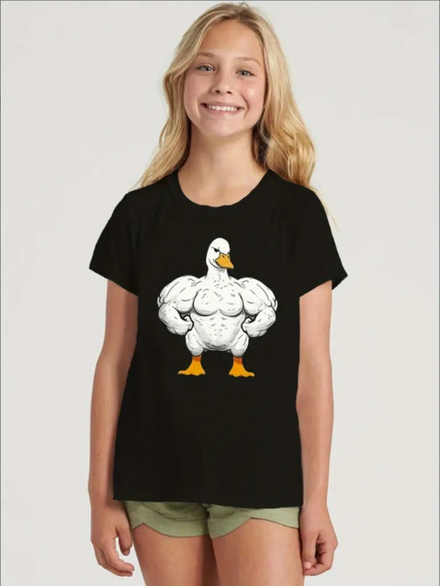 Girls' Trendy Duck Graphic Tee - Casual Crew Neck, Machine Washable - Perfect For Summer Sports & Play