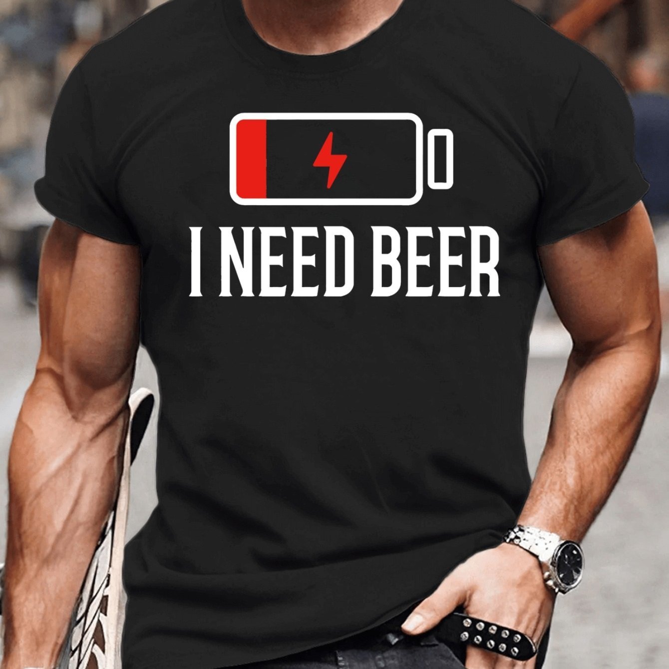 I Need Beer Printed T-shirt, Men's Casual Street Style Elastic Round Neck T-shirt, Suitable For Summer