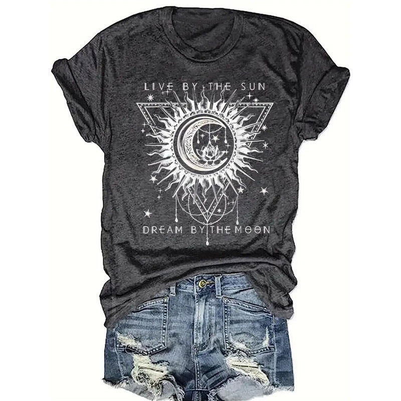 Women's Sun & Moon & Lotus Print T-shirt, Casual Short Sleeve Crew Neck Top For Spring & Summer