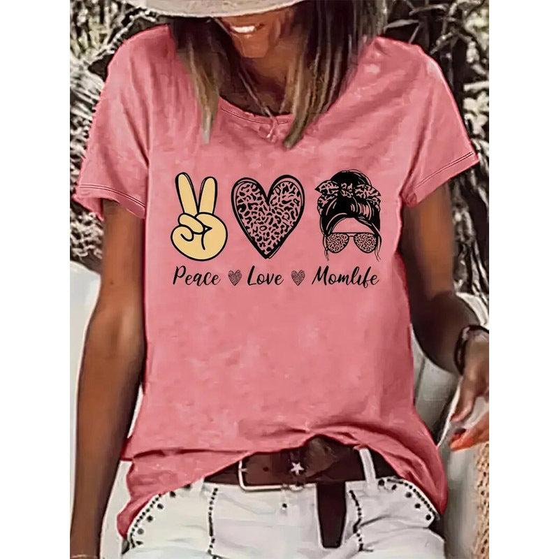 Women's Round Neck V-Sign Gesture Hearts Cute Girl Silhouette Graphic Short Sleeve T-Shirt Summer Top