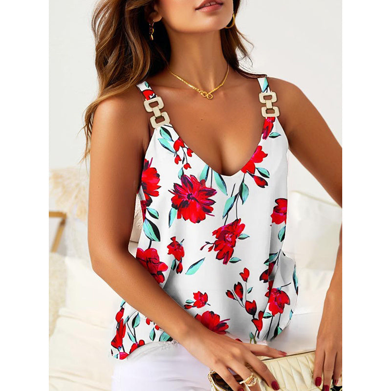 Summer Tank Tops For Women V Neck Chain Straps Sleeveless Top Loose Fit Casual Stripe Shirts Blouse