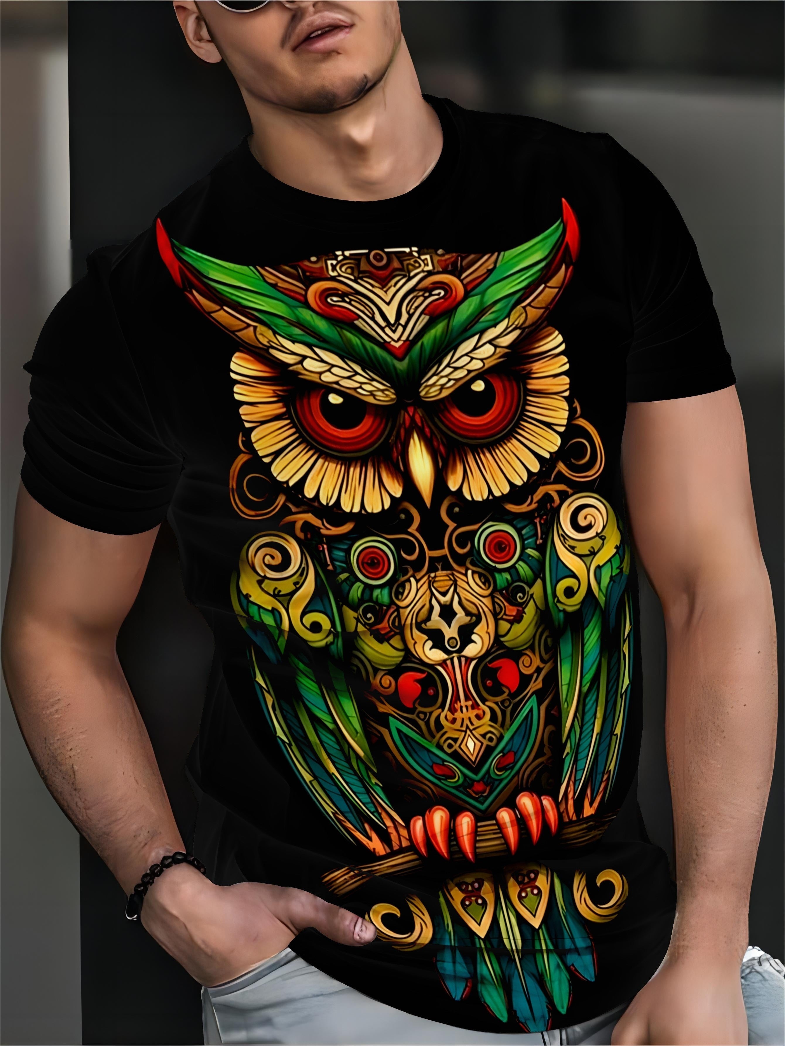 Men's Owl Pattern Printed T-shirt, Casual Short Sleeved Round Neck T-shirt, Summer Outdoor Men's Clothing