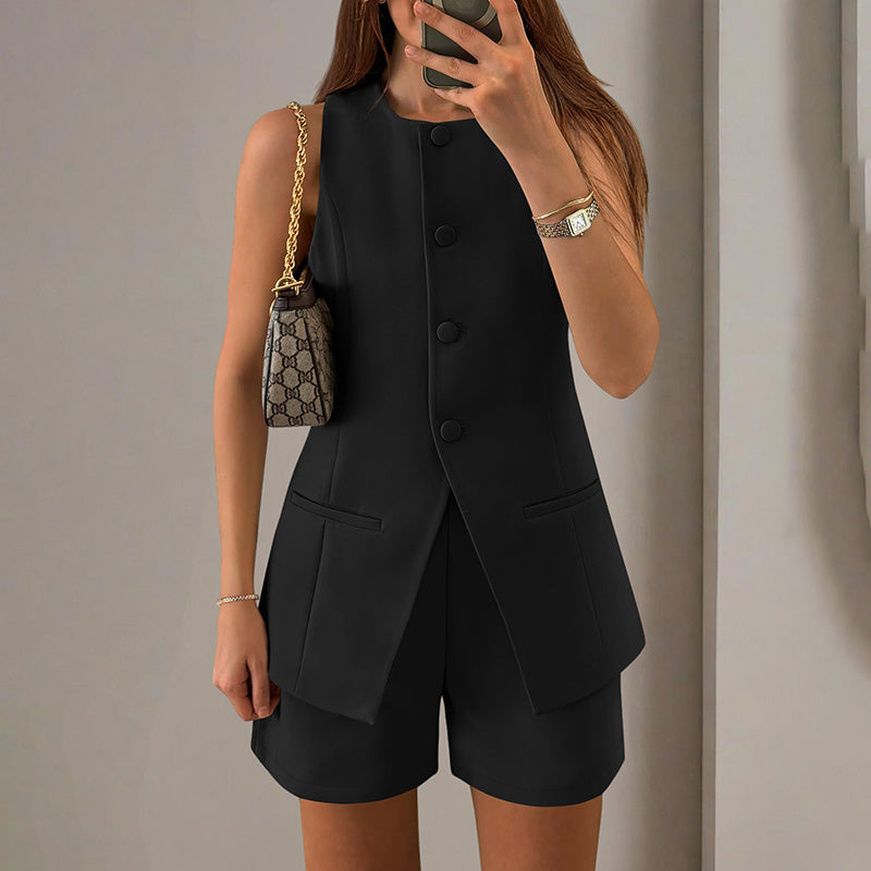 Women's Summer 2 Piece Short Sets Sleeveless Crew Neck Suit Vest Tops High Waist Shorts Business Outfits