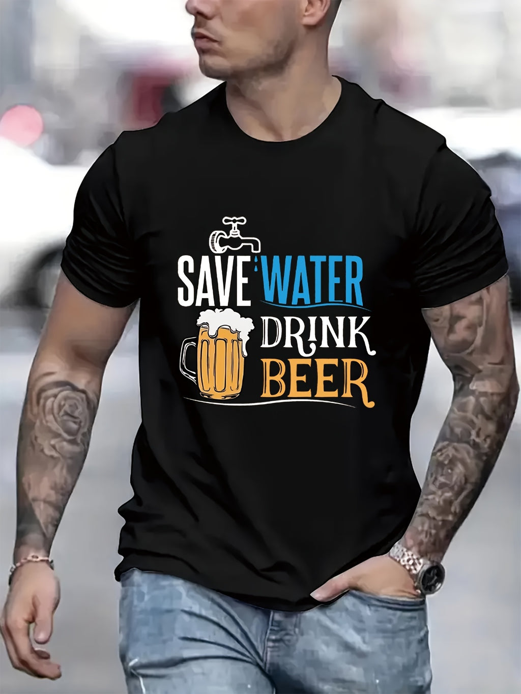 Cherish Water Resources And Drink More Beer. Men's Creative Printed Casual Novel T-shirt, Summer Spring Short Sleeved Top, Comfortable Fit, Fashionable Street Style Round Neck T-shirt, Suitable For Da