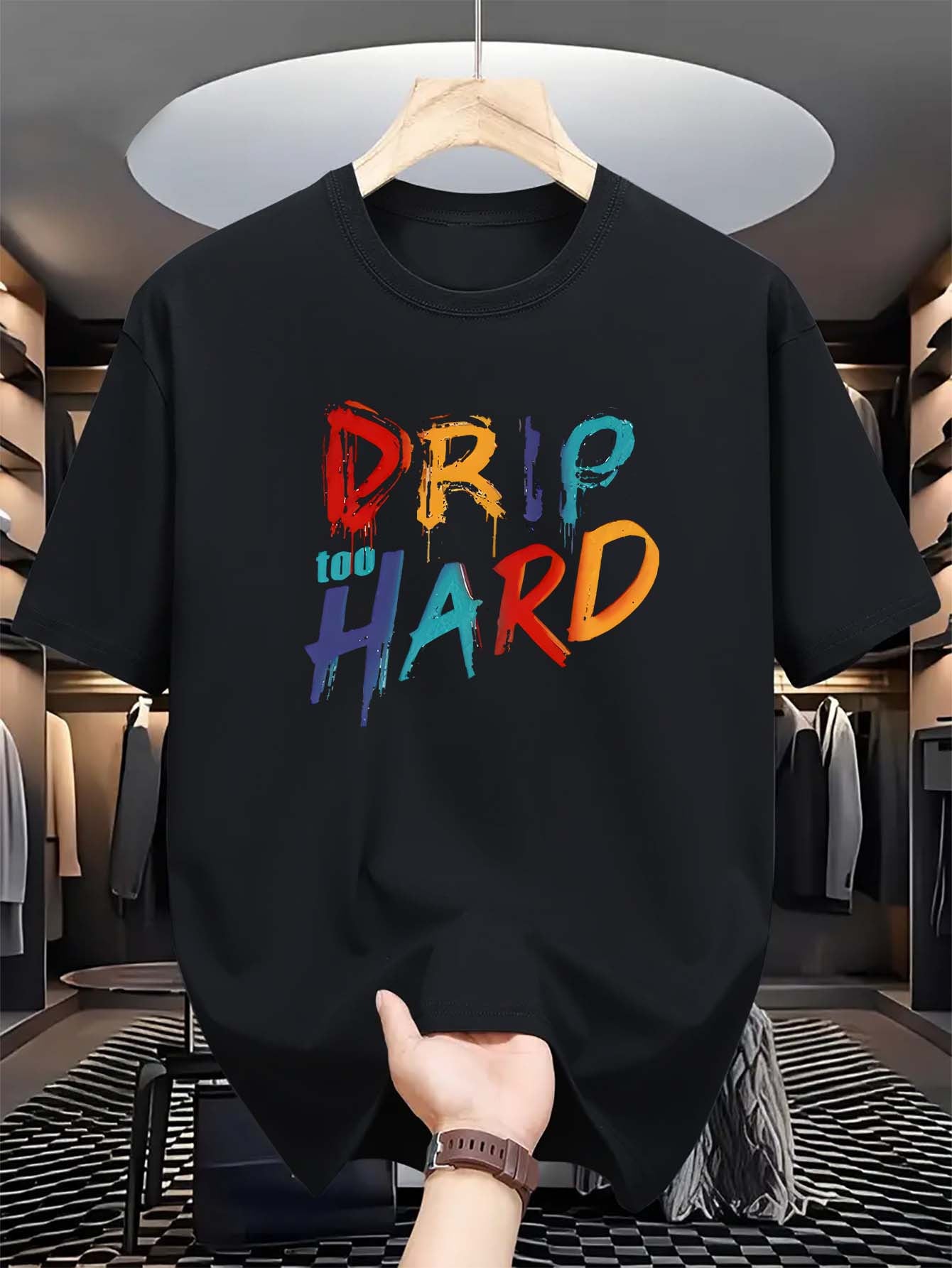 Men's Patterned T-shirt With Hard Letters That Drip Water, Colorful Printed Casual Round Neck T-shirt, Polyester Knitted Fabric, Fitted Summer Shirt With Slight Elasticity