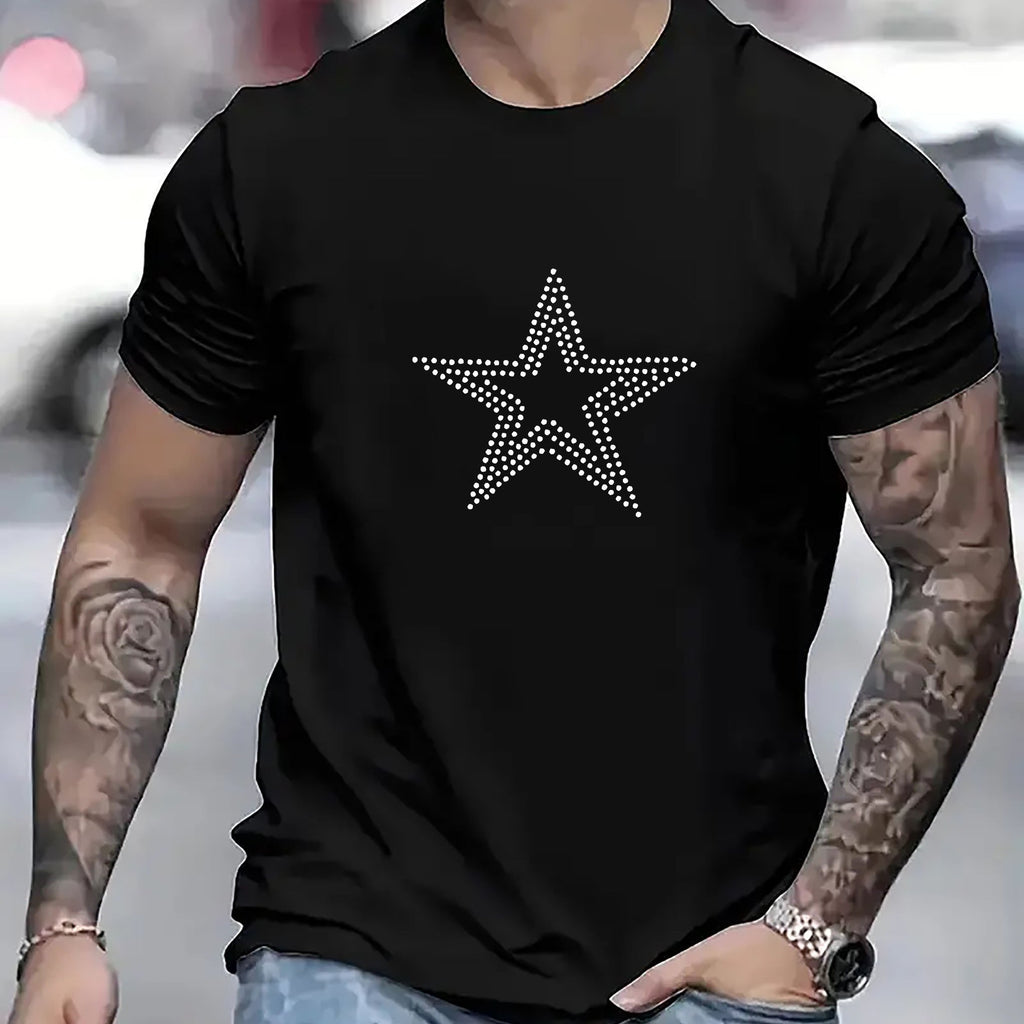 Men's Short Sleeved T-shirt With Line Star Pattern Printed Casual Round Neck T-shirt, Suitable For Summer, Breathable And Comfortable Outdoor Sports Top