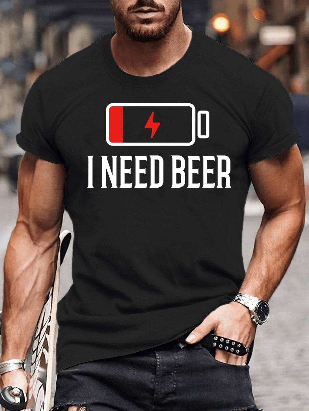 I Need Beer Printed T-shirt, Men's Casual Street Style Elastic Round Neck T-shirt, Suitable For Summer