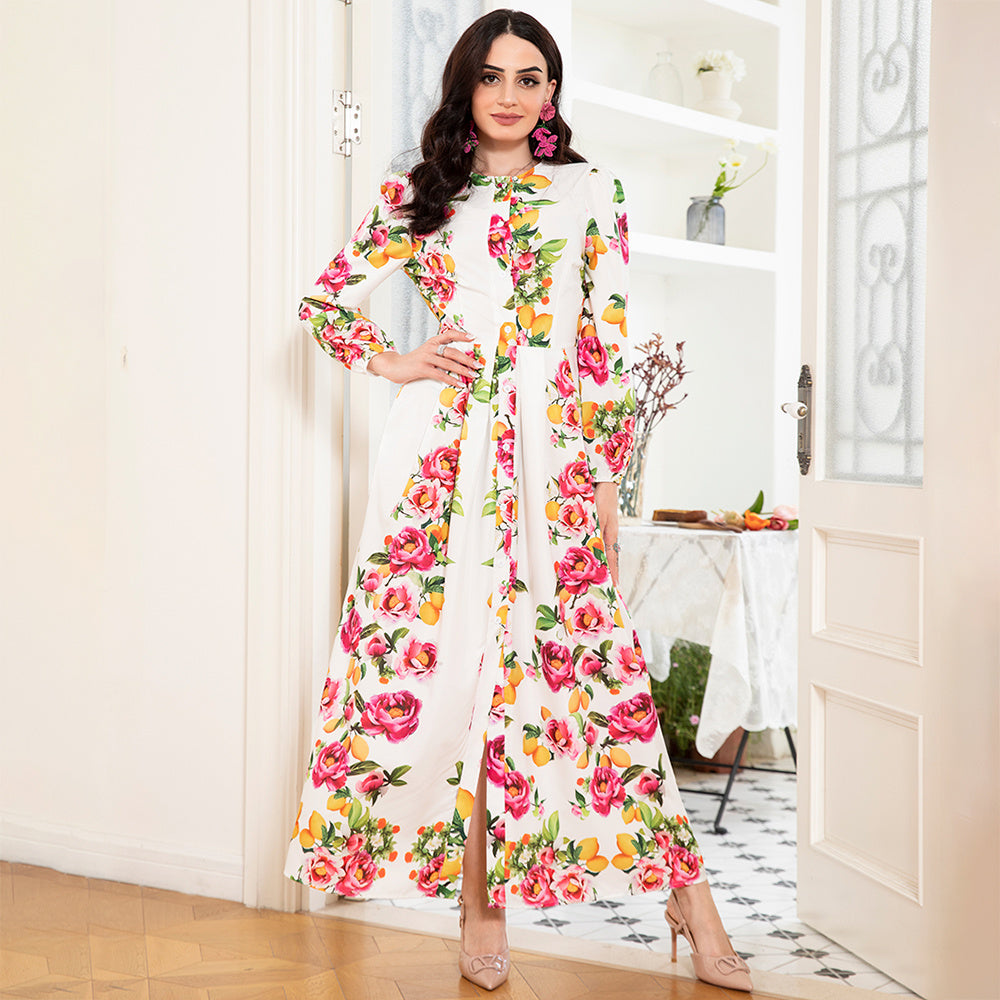 Elegant Style Round Neck Flowers Plant Buttons Puff Sleeve Long Dresses