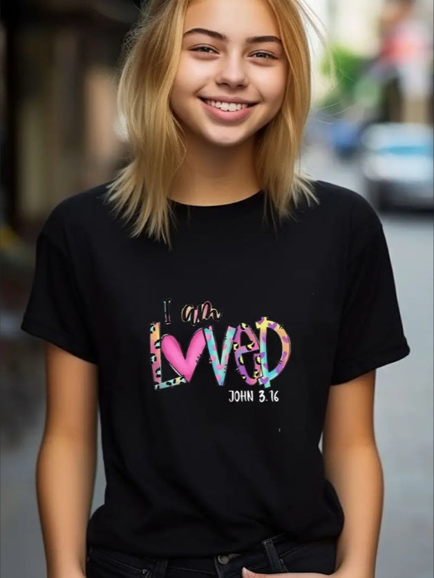 I AM LOVED Print Hip Hop Style T-shirt, Casual Crew Neck Tops, Graphic Tee Shirts, Clothes For Girls Summer Gift