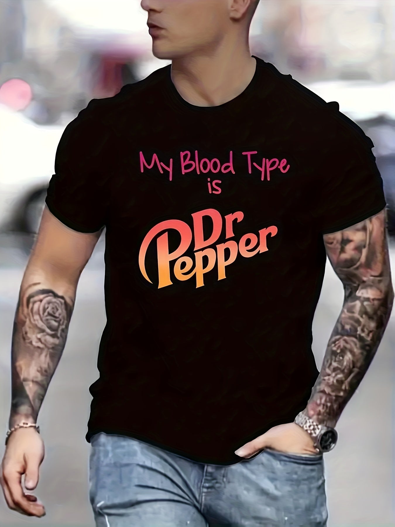 My Blood Type Is Dr. Pepper Letter Printed Men's Casual Plus Size T-shirt, Summer Fashionable Round Neck Short Sleeved Top - Modern Street Style