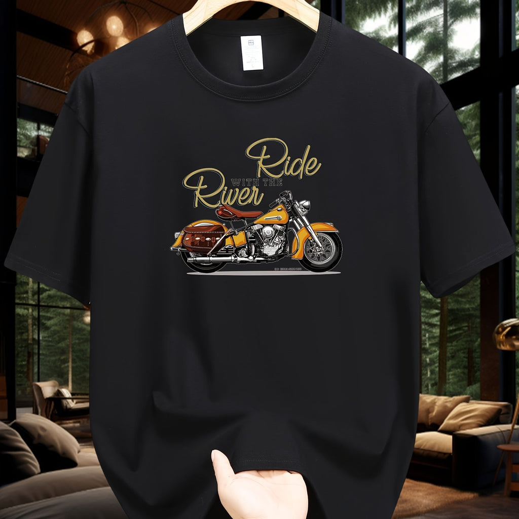 Men's Motorcycle Pattern Printed T-shirt, Short Sleeved Round Neck T-shirt, Summer Outdoor Men's Clothing