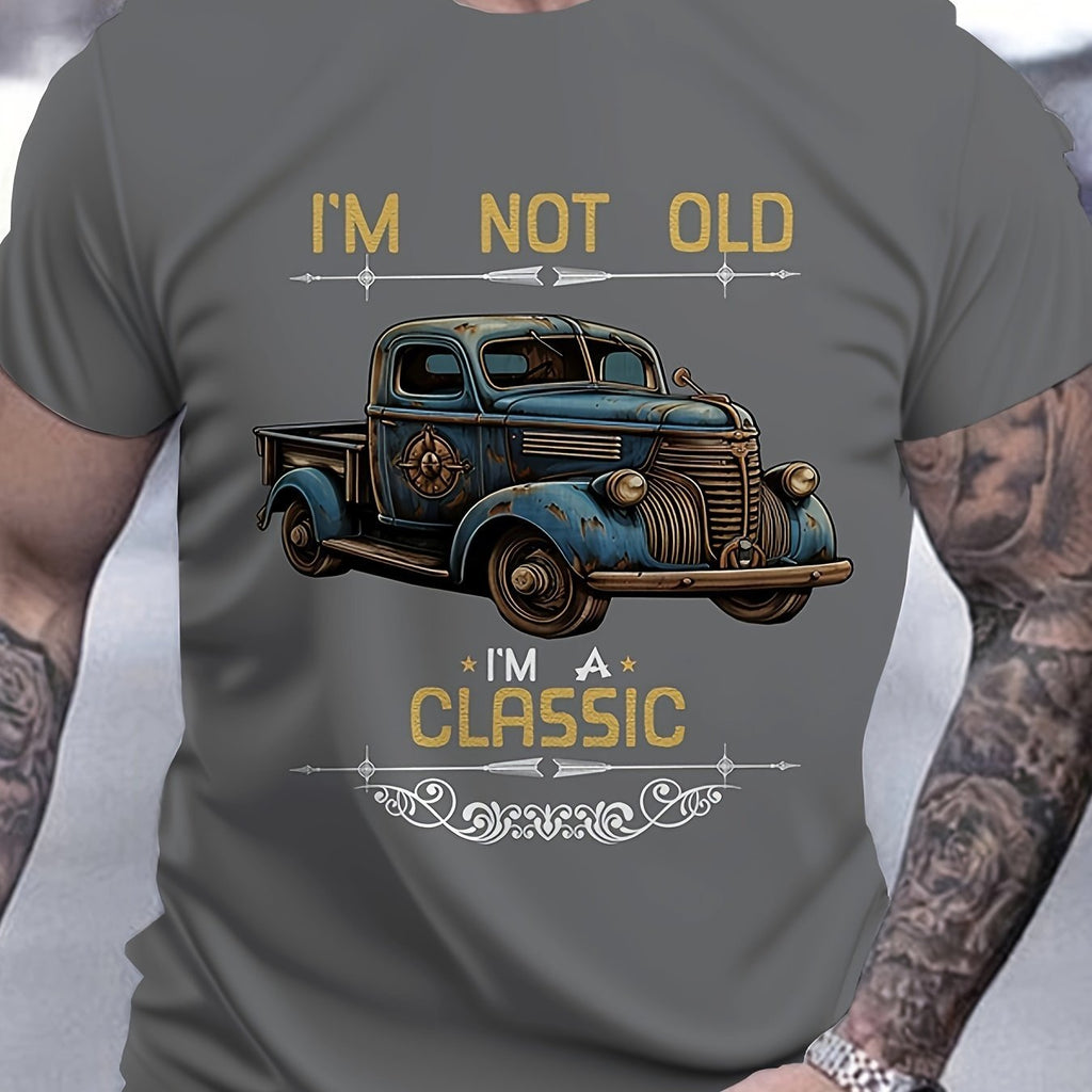 Retro And Rusty Car Patterns And Letter Prints I'm Not Old, I'm Classic Round Neck Short Sleeved T-shirt, Men's Summer Outdoor Casual Fashion Top