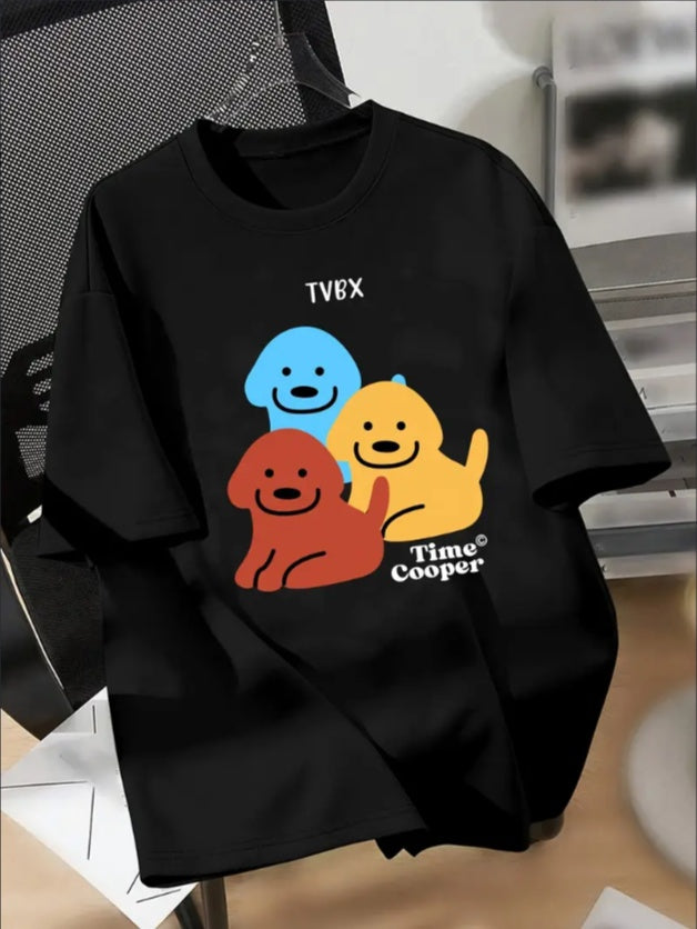 Three Cute Colorful Puppies Print Boys Casual Short-sleeved Round Neck T-shirt, Cool Comfy Versatile Tee Top, Perfect Summer Clothing