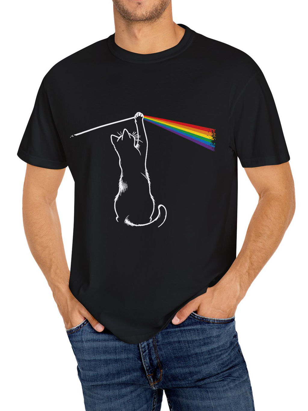 Men's Summer Comfortable T-shirt, Cat&rainbow Printed Short Sleeved T-shirt, Fashionable Casual Top For Daily Life