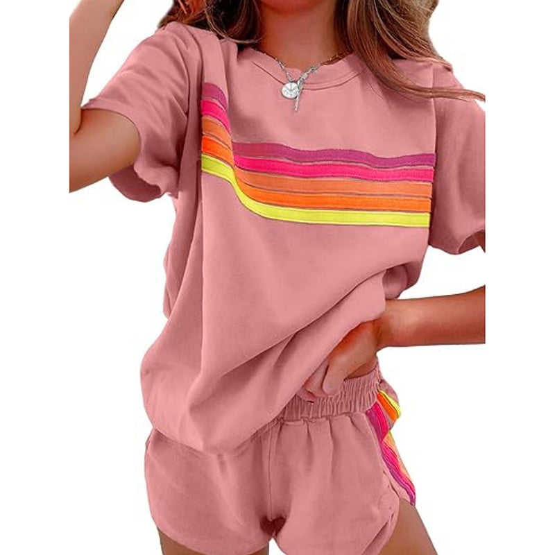 2pcs Women's Color-Block Short Sleeve Top & Shorts Set Casual Spring Summer Outfit