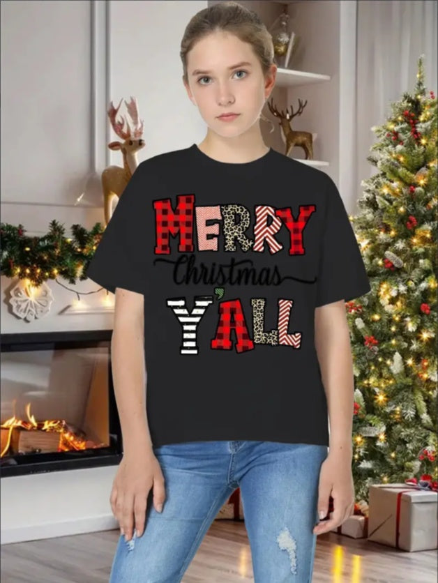 Girls' Festive Christmas Print T-Shirt - Casual Crew Neck, Machine Washable - Perfect For Summer