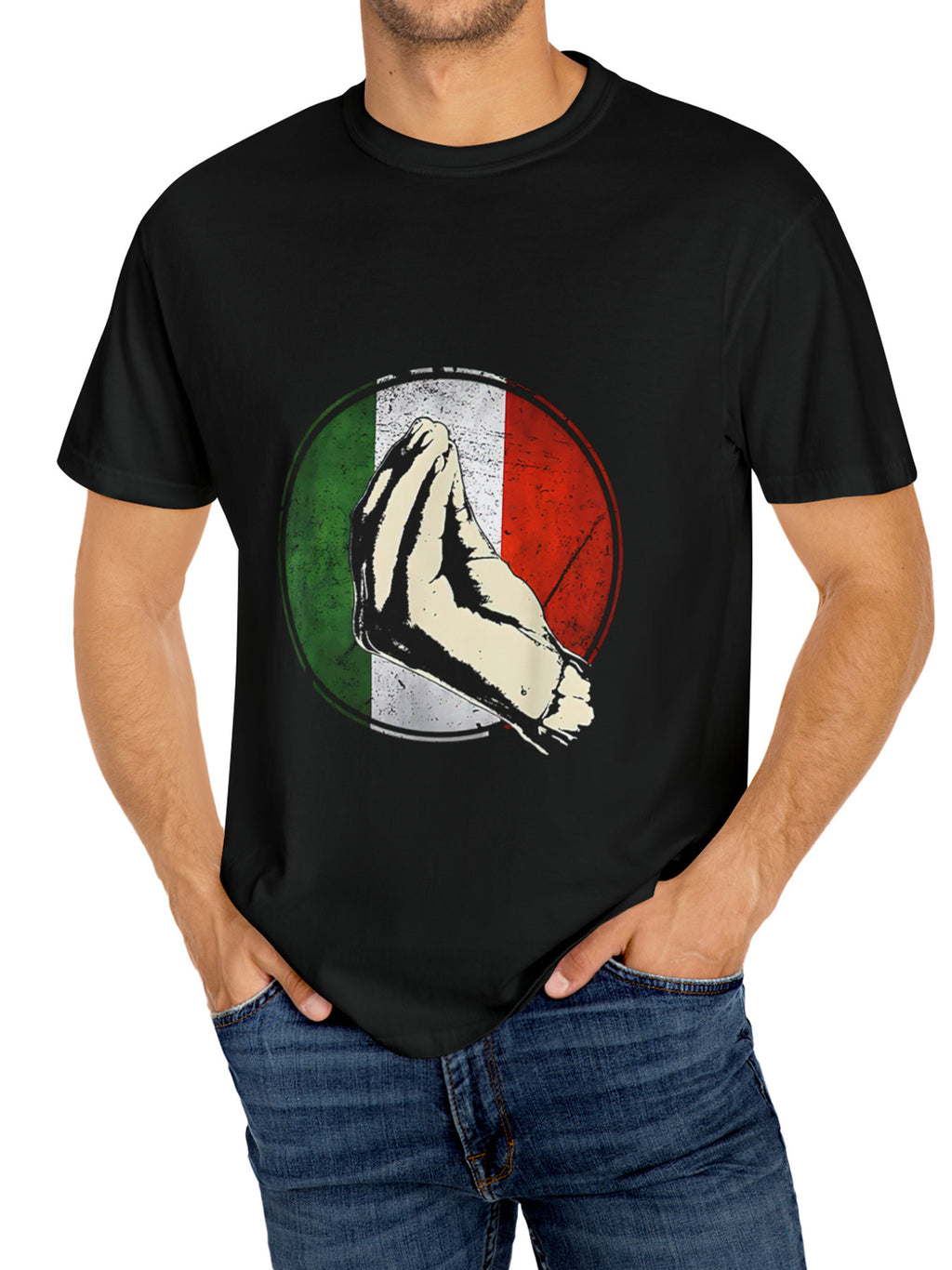 Men's Summer Casual Street Style Elastic Round Neck T-shirt With Creative Italian Gesture Print