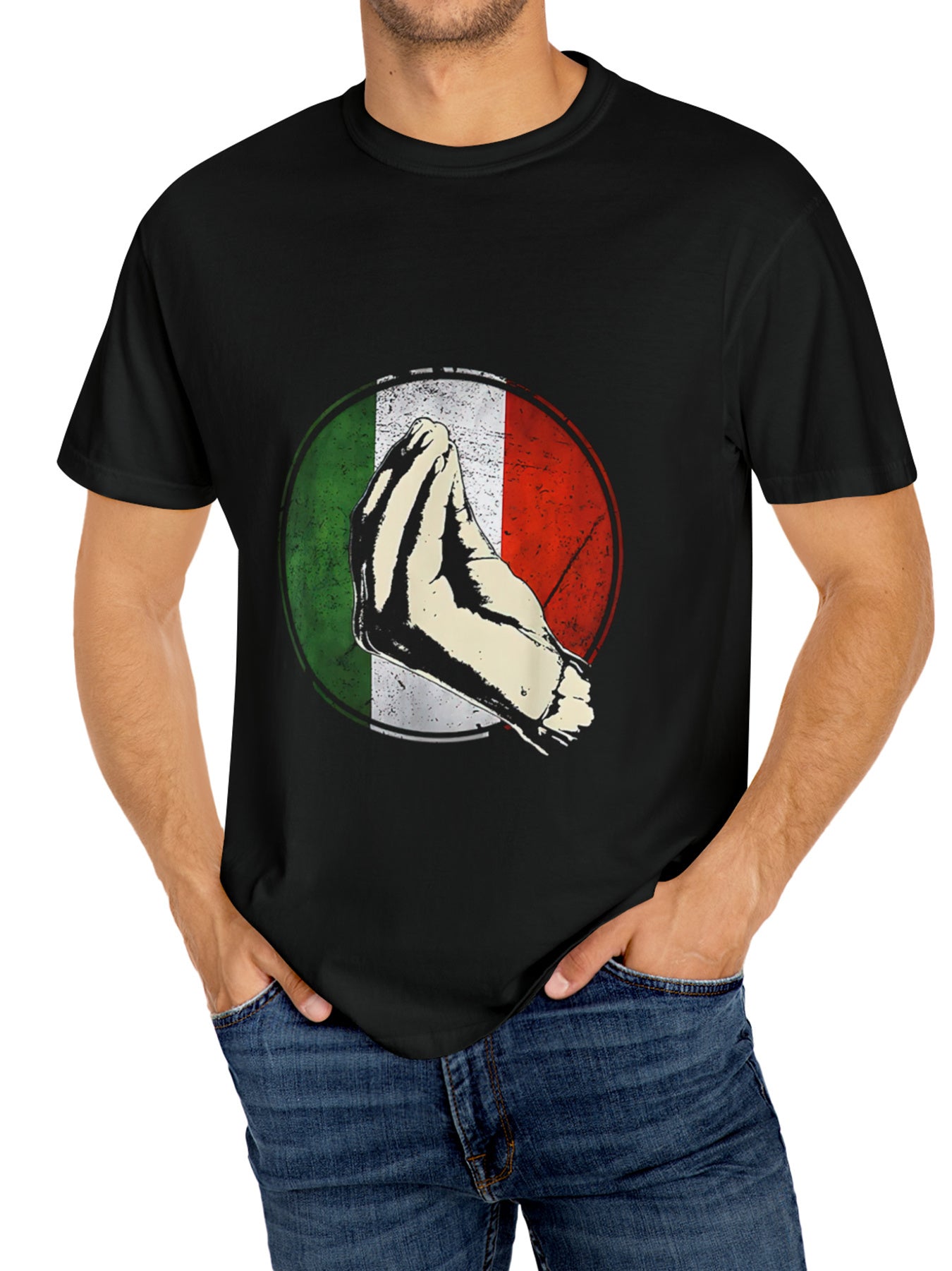 Men's Summer Casual Street Style Elastic Round Neck T-shirt With Creative Italian Gesture Print
