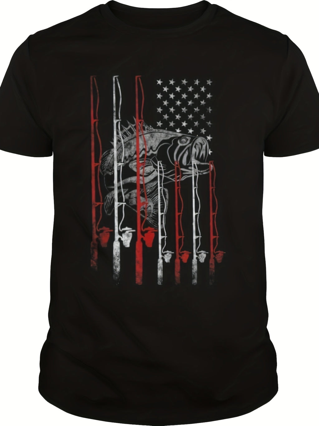 Retro Style Fishing Rod And Innovative American Flag Pattern Round Neck And Short Sleeved T-shirt, Fashionable And Chic Men's Outdoor Clothing Summer Top