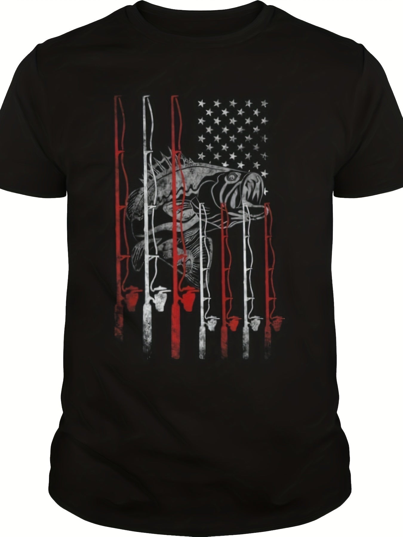 Retro Style Fishing Rod And Innovative American Flag Pattern Round Neck And Short Sleeved T-shirt, Fashionable And Chic Men's Outdoor Clothing Summer Top