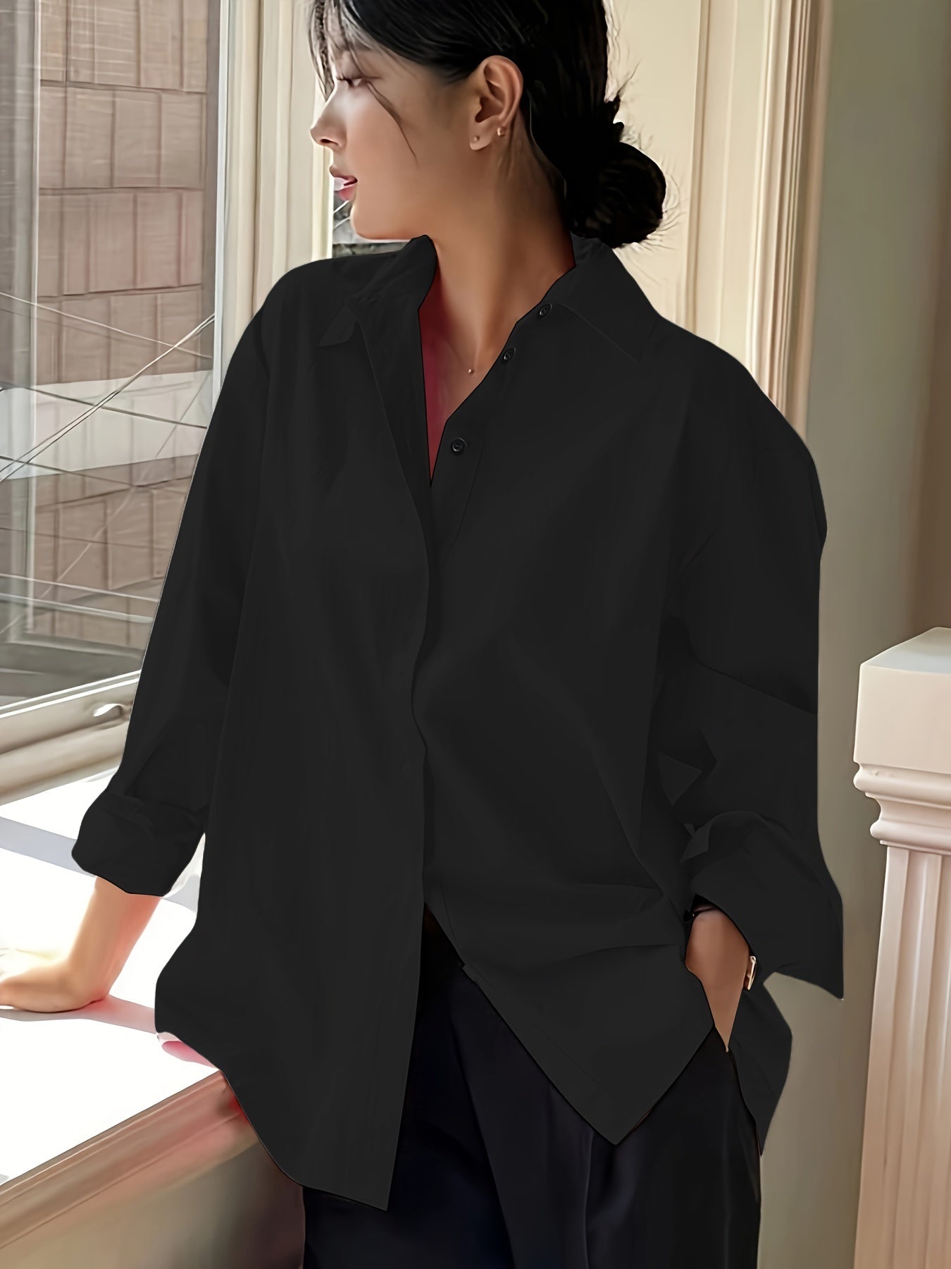 Plus Size Women's Elegant Casual Business Long Sleeve Shirt - Classic Collar Button-Up Blouse, Solid Color Non-See-Through Fabric,