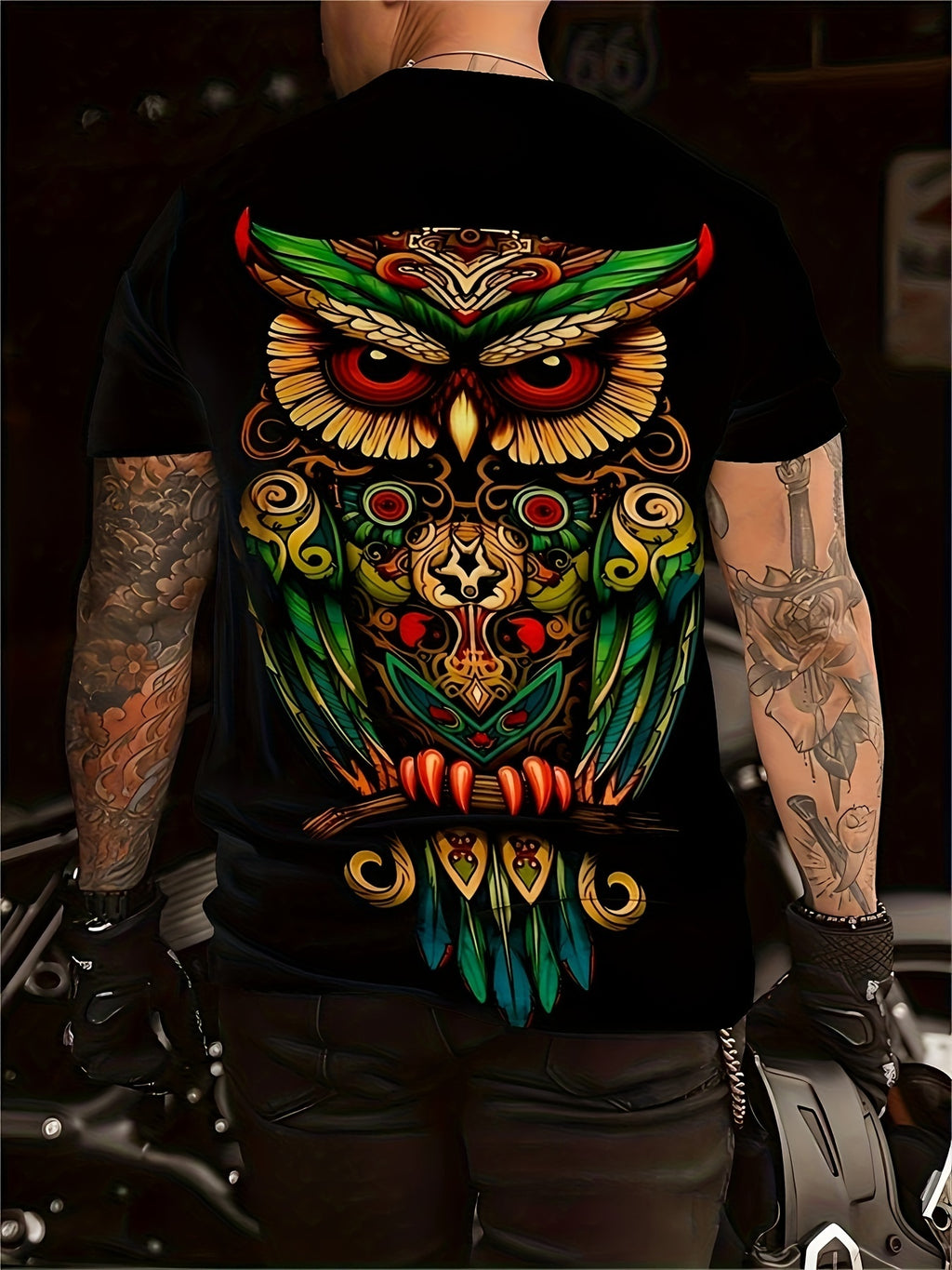 Men's Owl Pattern Printed T-shirt, Casual Short Sleeved Round Neck T-shirt, Summer Outdoor Men's Clothing