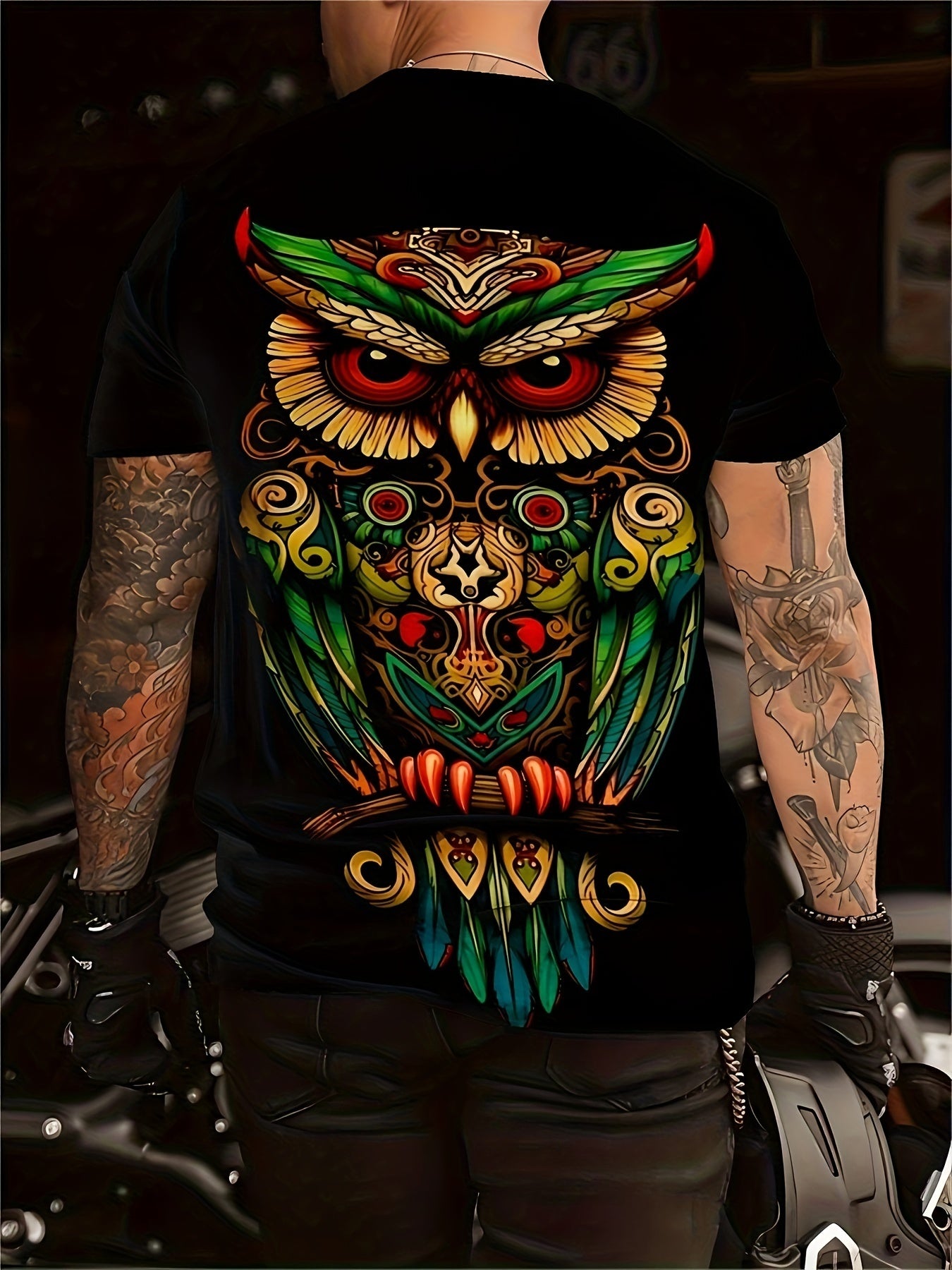 Men's Owl Pattern Printed T-shirt, Casual Short Sleeved Round Neck T-shirt, Summer Outdoor Men's Clothing