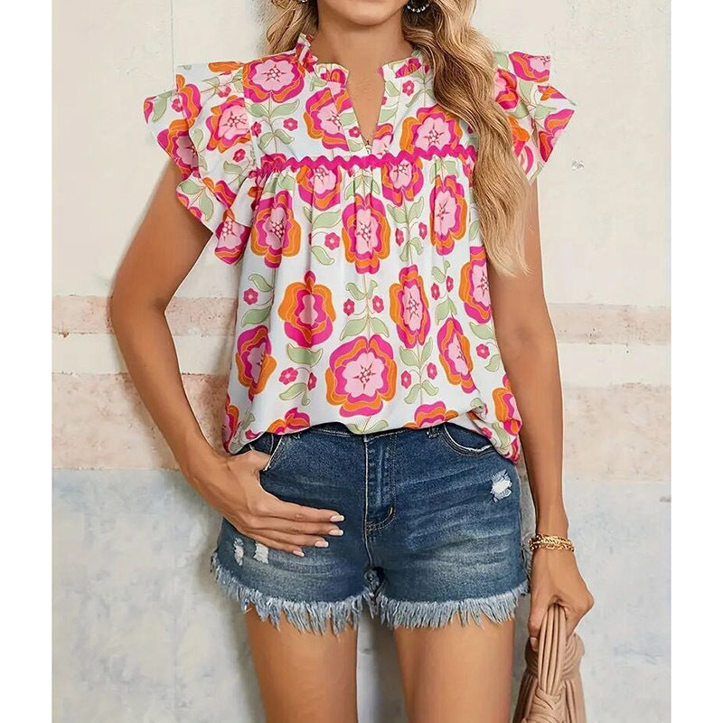 Women's V-Neck Floral Print Ruffle Sleeve Blouse, Casual Summer Short Sleeve Work Top