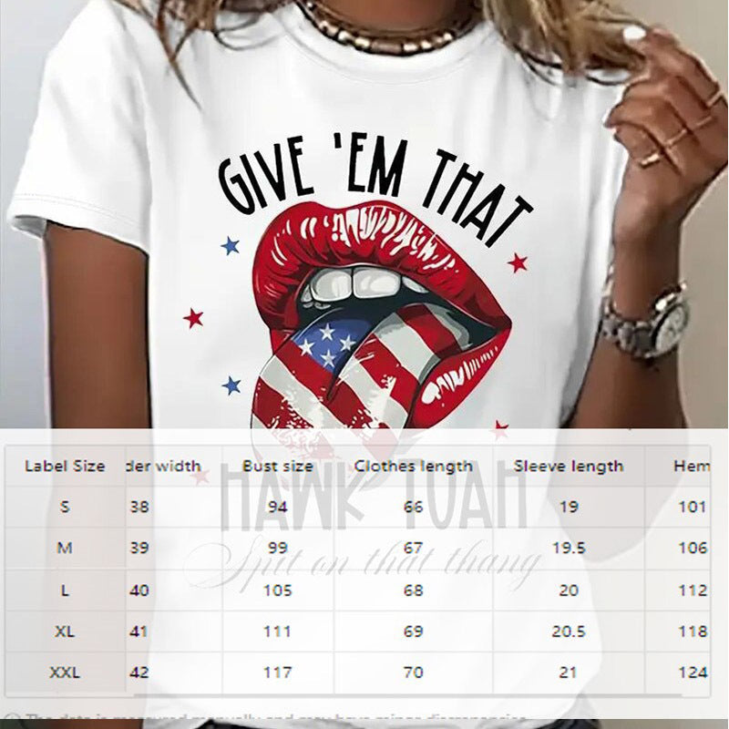 Women's Round Neck American Flag Lips & Stars Print Summer Top, Casual Comfortable Short Sleeve Tee