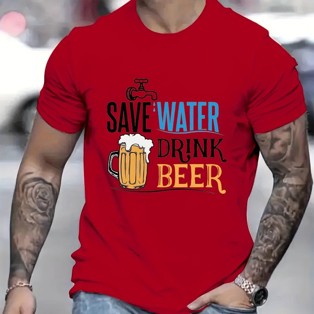 Cherish Water Resources And Drink More Beer. Men's Creative Printed Casual Novel T-shirt, Summer Spring Short Sleeved Top, Comfortable Fit, Fashionable Street Style Round Neck T-shirt, Suitable For Da