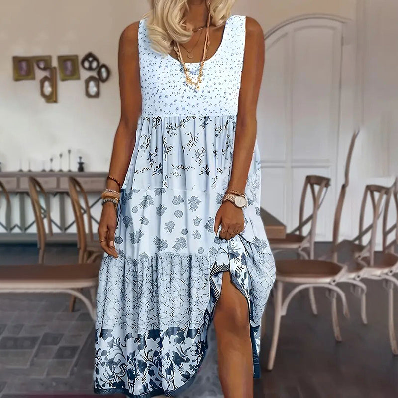 Women's Plus Size Boho Floral Dresses Sleeveless Tiered Pleated Swing Long Sundress